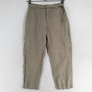 Nicole Miller New York Pants Womens Medium Olive Green 100% Linen Ankle Cargo
